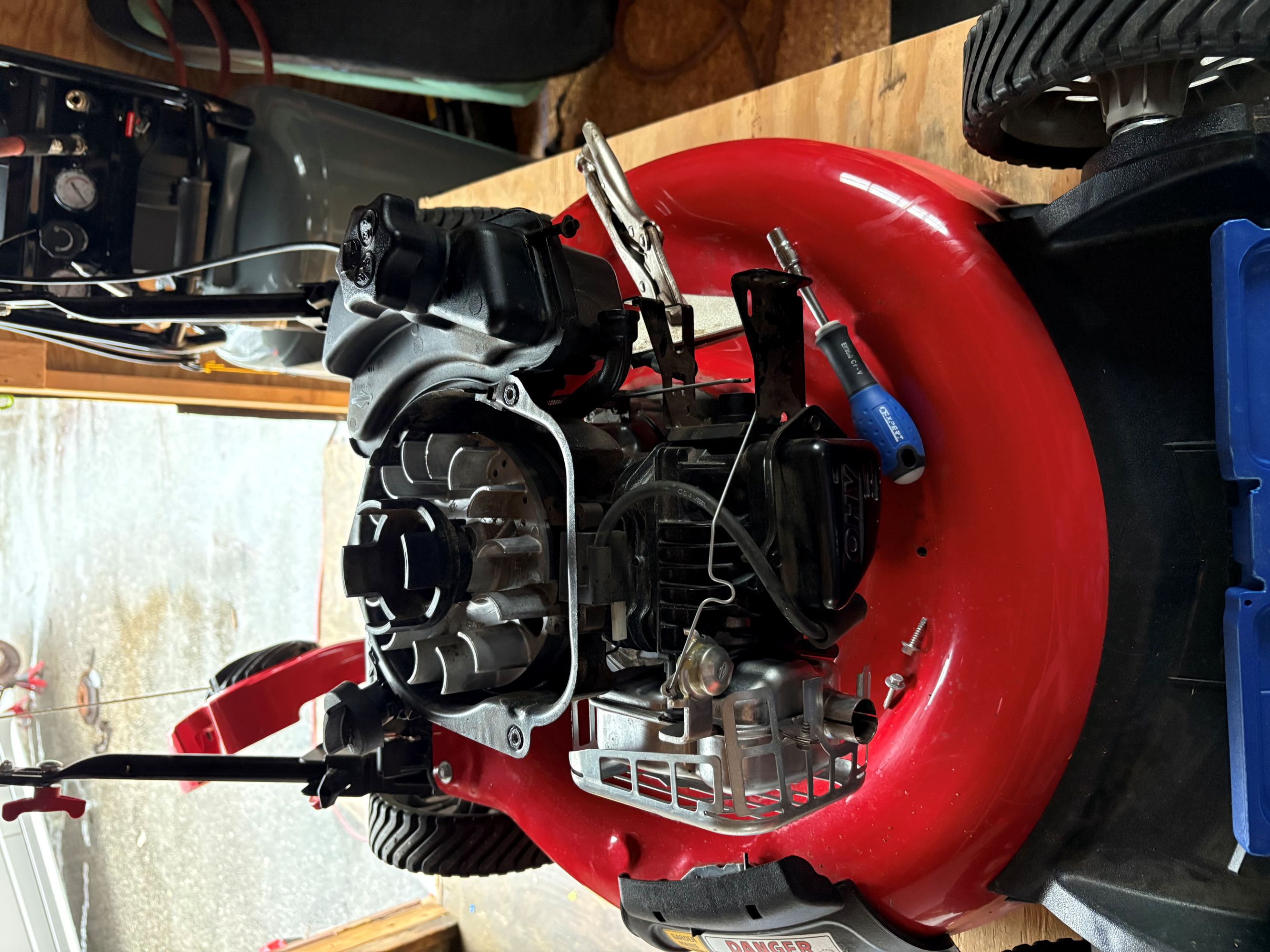 Engine shroud, carburetor, and air box removed