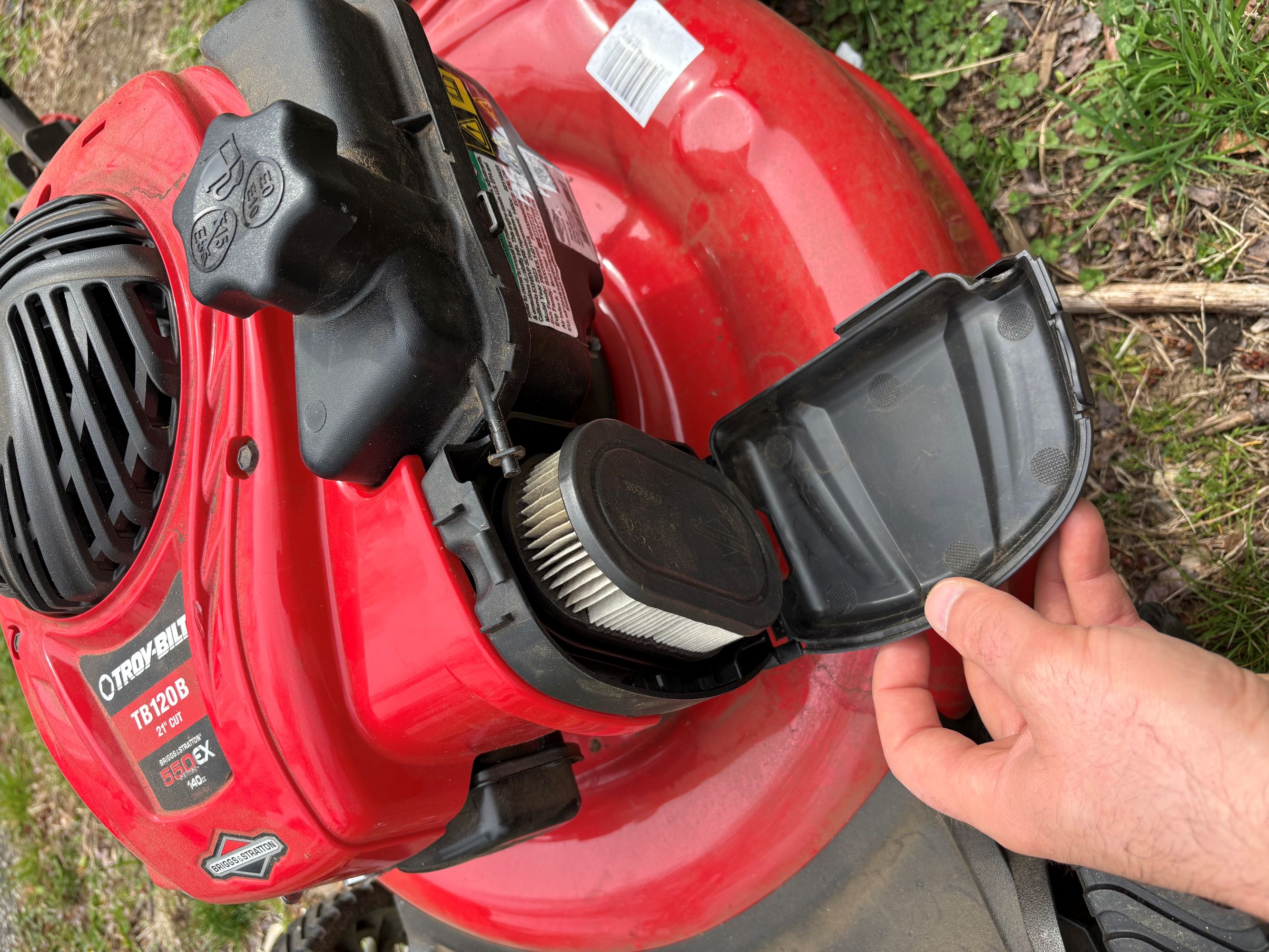 Checking the air filter on the Troy-Bilt TB120B
